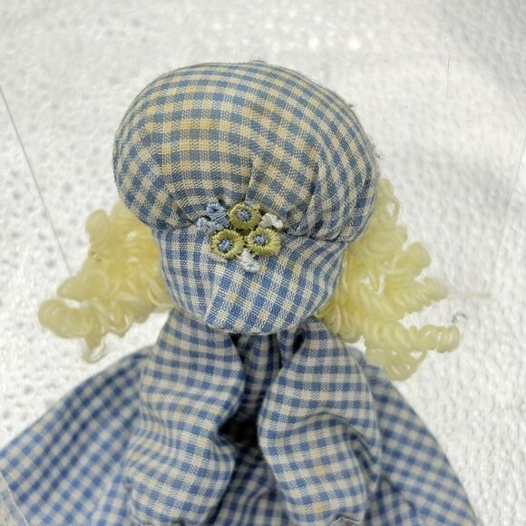 VTG Handmade Clothespin Doll Wooden Peg Girl Blue Check Dress Bonnet Farmhouse - Picture 5 of 10